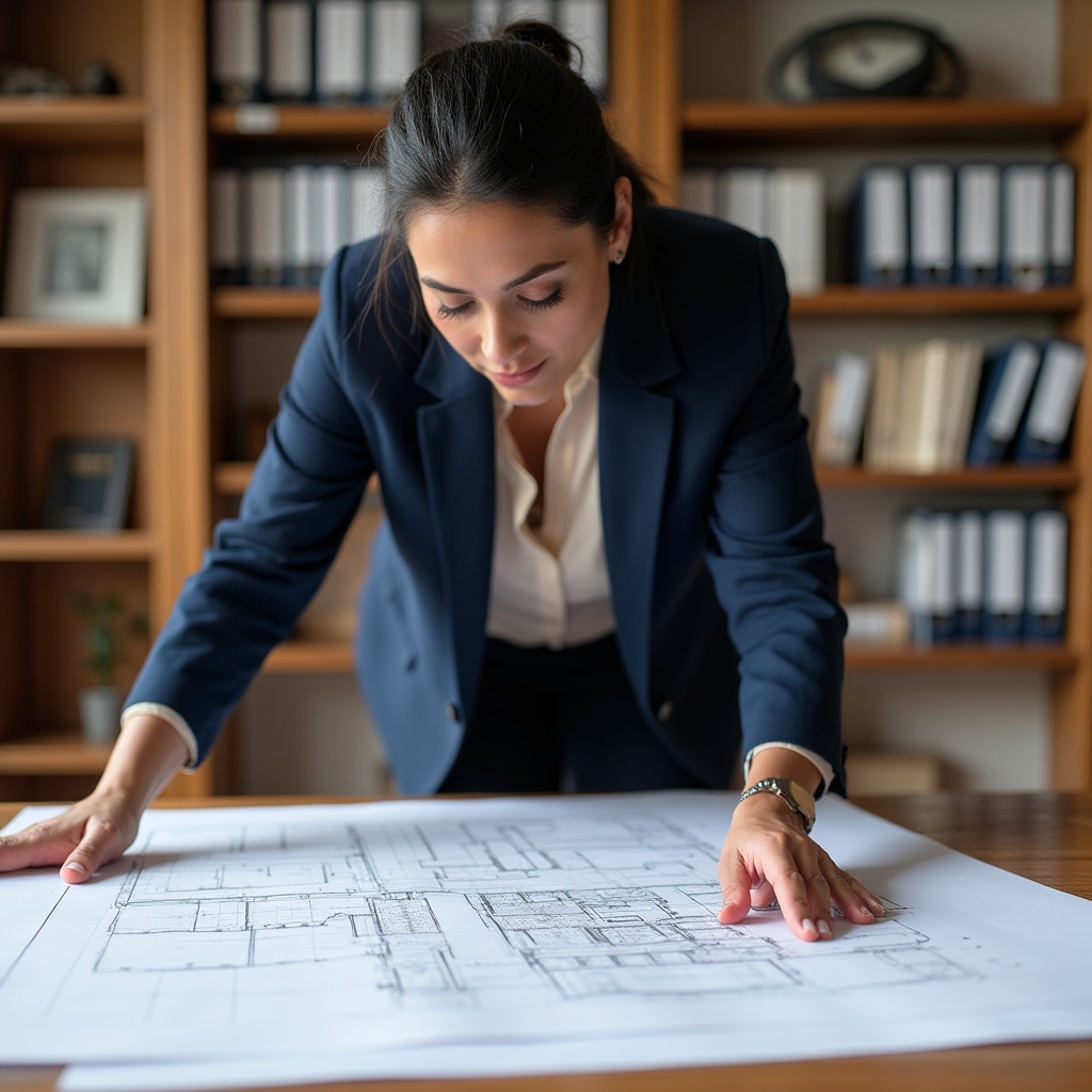 Investor reviewing architectural blueprints and project documents